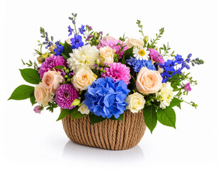 rosas, peonías, dalias, delphinium azul y hortensia azul en maceta de cuerda