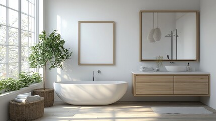 Bright, airy bathroom with natural light, tub, and wooden accents
