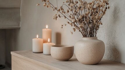 Serene scene lit candles, vase with dried flowers, and a bowl sit on a wooden surface