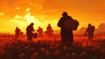 Peasants picking potatoes, long shadows at sunset. No faces, just bent silhouettes and full baskets. 