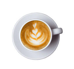 Top view of hot cafe latte coffee in white cup and saucer plate with beautiful latter art isolated cutout in transparent background.