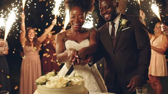 happy african american newlyweds man and woman cutting wedding cake, night fireworks, cheerful guests nearby