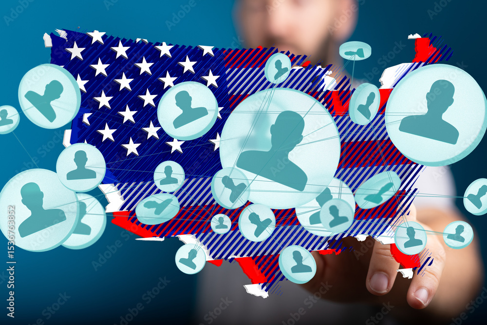 Poster A digital illustration of a US map with interconnected user icons, representing social networking across the country.