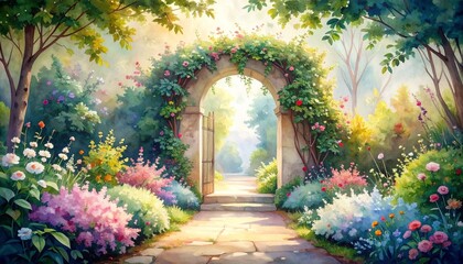 Fototapeta premium Charming garden with colorful flowers and elegant gate in soft focus watercolor style