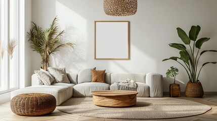 Modern, bright living room with neutral tones and natural elements