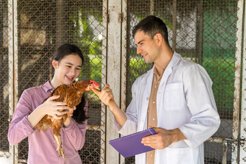 Young female student learning about poultry care. She holds a chicken as she listens to a friendly...