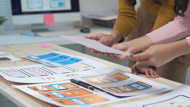 Designers collaborating on mobile app ui wireframe development