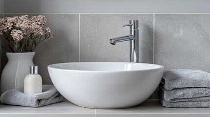 Modern bathroom sink with grey towels, white vessel sink, and dried flowers