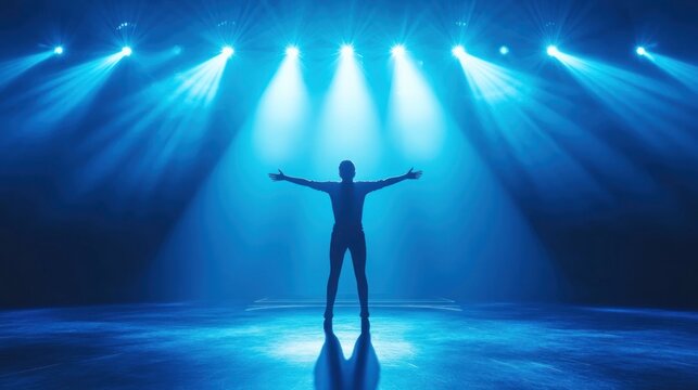 Silhouette of a person on stage under spotlights