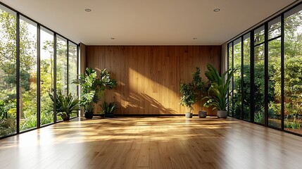 Spacious room with wooden panel wall, surrounded by windows, lush greenery outside