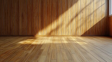 Warm, empty wooden room bathed in sunlight from a window
