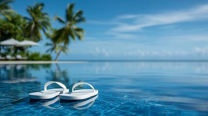 White flip-flops by a tranquil pool, reflecting a tropical paradise
