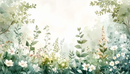 Colorful soft focus watercolor view of a field of flowers bursting with life and vibrancy