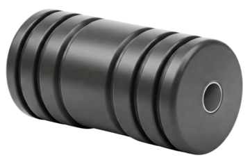Black rubber roller with grooves for industrial use isolated on a transparent background