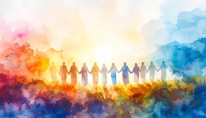 Obraz premium Joyful family holding hands in a loving embrace in a soft focus watercolor scene