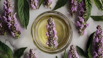 Small glass bowl filled with herbal liquid, surrounded by fresh flowers and leaves