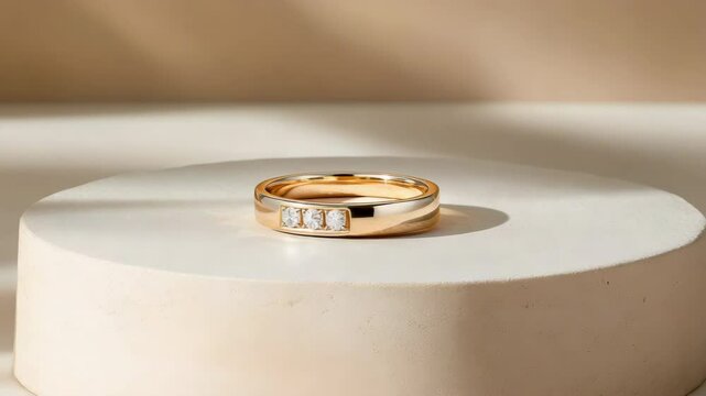 Elegant gold jewelry ring featuring three luxurious diamonds in minimalist design display