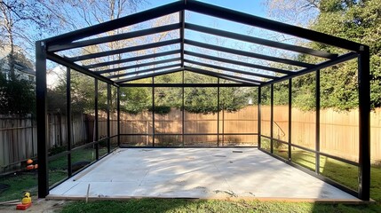Modern Black Metal Frame Patio Enclosure Under Construction