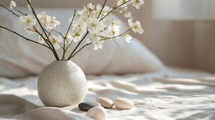 Elegant floral arrangement in vase on bed with stones, soft light, and calm aesthetic