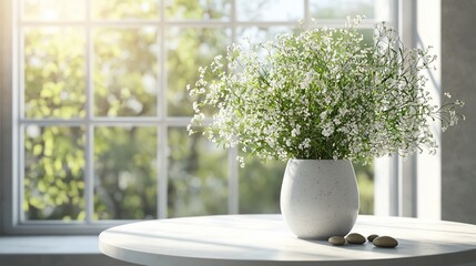White flowers in a vase by window, soft light, neutral tones