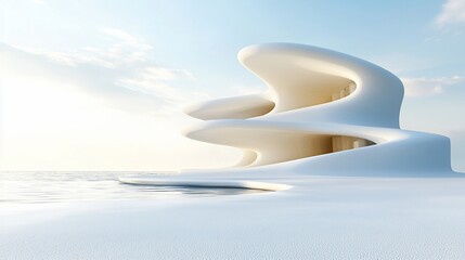 Futuristic, minimalist white building by the water with organic forms and serene landscape