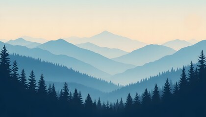 Obraz premium Minimalist Blue Mountain Landscape Vector with Pine Trees