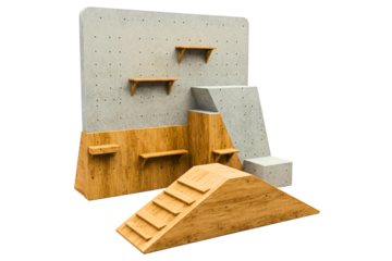 Urban parkour training zone with modular blocks and climbing bars isolated on a transparent background