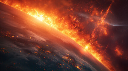 Fototapeta premium Fiery Wave Engulfs the Horizon. A devastating energy surge or solar flare crashes into Earth's atmosphere. Powerful for sci-fi covers, apocalyptic scenarios, or extreme space weather concepts.