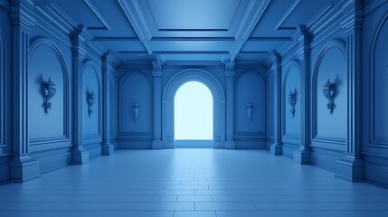 Fototapeta premium 3D corridor with columns in a modern architectural interior, Blue stone arches and columns in a gothic architectural style, Empty underground hallway with doors and lights in a modern building.