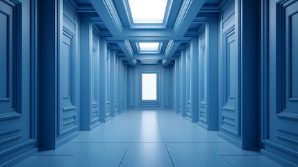 3D corridor with columns in a modern architectural interior, Blue stone arches and columns in a gothic architectural style,
Empty underground hallway with doors and lights in a modern building.