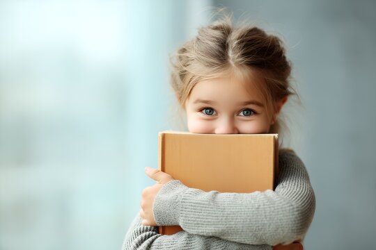Little girl hugging a book on a light background
