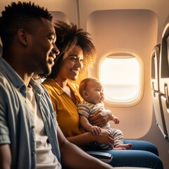 a family of three, young couple with a baby, at the window seat in the aircraft, happy for starting their journey