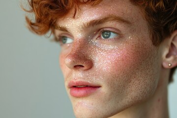 Portrait of handsome young man with glitter on face. Glowing skin. Concept of beauty and fashion.