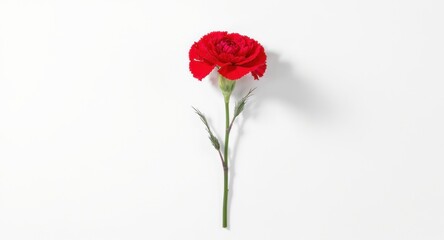 Single Red Carnation Flower on White Background Top View