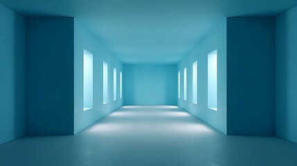 Fototapeta premium 3D corridor with columns in a modern architectural interior, Blue stone arches and columns in a gothic architectural style, Empty underground hallway with doors and lights in a modern building.