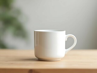 Minimal white ceramic coffee mug placed on natural wooden table with soft neutral background and copy space, clean branding mockup scene perfect for logo placement, advertising, or product presentatio