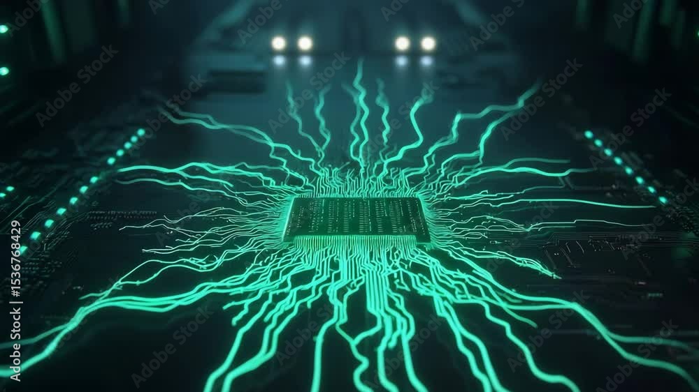 Poster nature conservation concept. a glowing microchip on a circuit board with luminous lines radiating ou