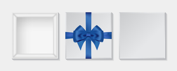 3D White Gift Box Mockup with Blue Ribbon – Top View of Open and Closed Present Package | Vector Illustration