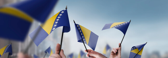 Bosnia and Herzegovina flags in their hands on a blurred urban background