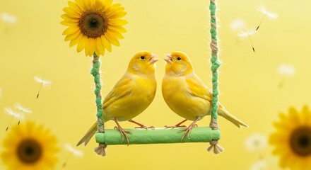 Two yellow canaries birds on swing with sunflowers background stock photo and images for sale
