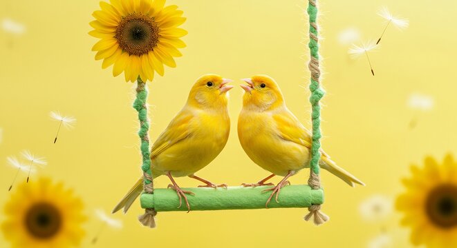 Two yellow canaries birds on swing with sunflowers background stock photo and images for sale