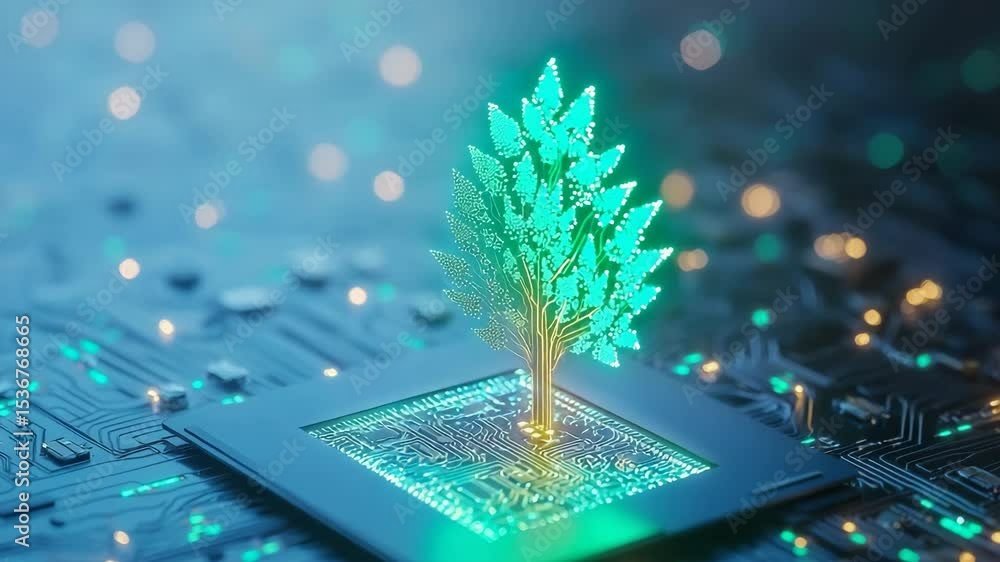Poster nature conservation concept. a glowing digital tree emerges from a microchip, symbolizing the inters