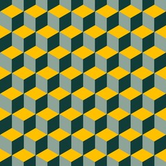 Seamless Isometric Cube Pattern in Yellow, Green, and Gray Tones with Optical Illusion Effect for Modern Abstract Design and Geometric Decoration