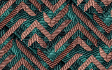 Seamless mocha mousse and green color embroidery zigzag geometric vector pattern