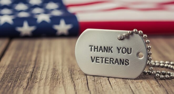 Veterans Day Thank You Dog Tag with American Flag Background. - Powered by Adobe