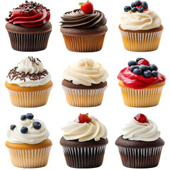 Delicious various cup cakes set isolated on white background. Collection of different flavors of muffins, collection set. closeup of cup cakes.