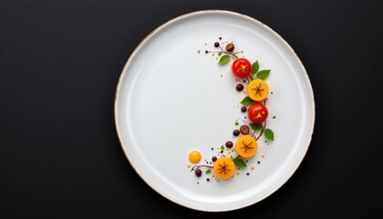 Colourful Arrangement of Fresh Vegetables and Citrus Fruits on a White Plate Background