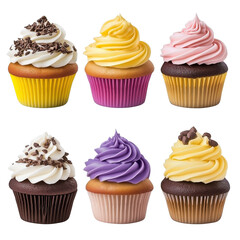 Delicious various cup cakes set isolated on white background. Collection of different flavors of muffins, collection set. closeup of cup cakes.