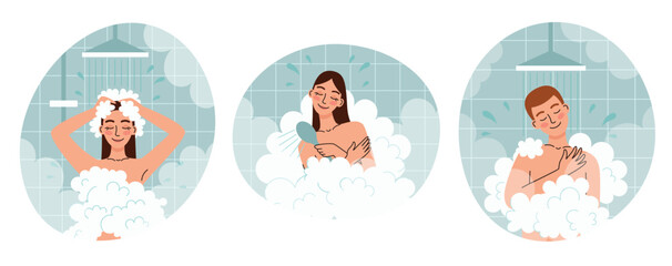 People at heart. A man and a woman take a shower. Morning routine and hygiene. Flat cartoon vector illustration.