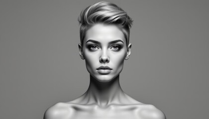 Striking Monochrome Portrait of a Confident Woman with Short Hair in Studio Lighting